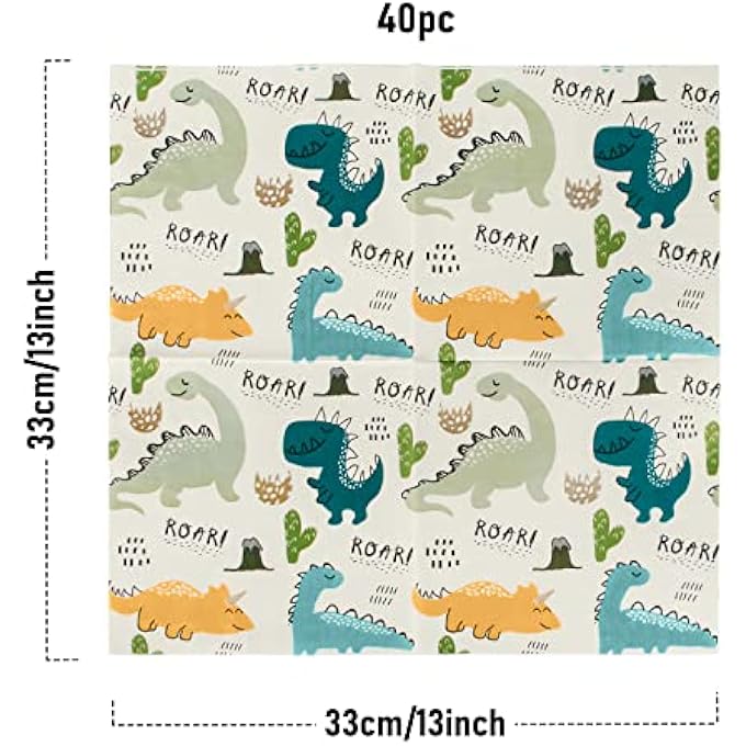 40 PIECES DINOSAUR NAPKINS, COLOURFUL PAPER TABLEWARE FOR CHILDREN'S BIRTHDAY PARTIES 33 X 33 CM - Image 2